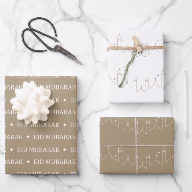 Taupe Eid Mubarak Masjid Pattern Design Wrapping Paper Sheets (Front)