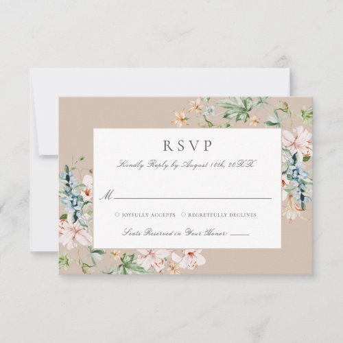 Taupe Elegant Modern Watercolor Floral Wedding RSVP Card