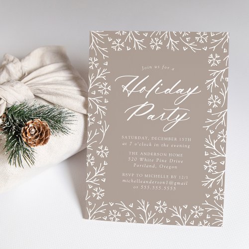 Taupe Elegant Snowflake Holiday Party Invitation