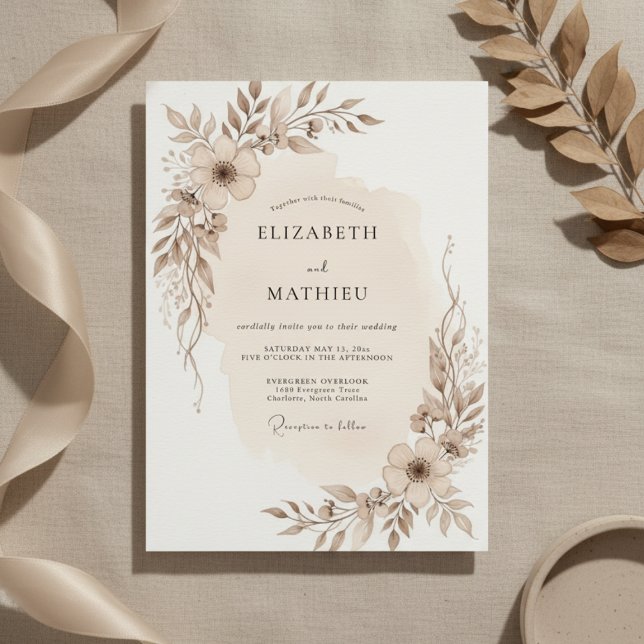 Taupe Ethereal Botanical Wedding Invitation (Creator Uploaded)