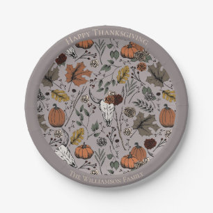 Taupe Fall Harvest Cow Skull Thanksgiving Paper Plates