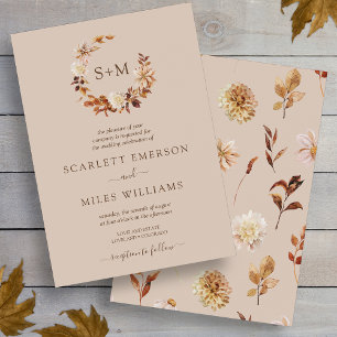 Taupe Fall Terracotta Monogram Wreath Wedding Invitation
