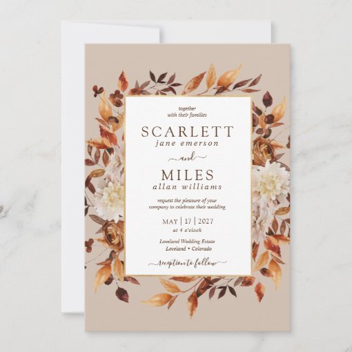 Taupe Fall Terracotta Watercolor Floral Wedding Invitation | Zazzle