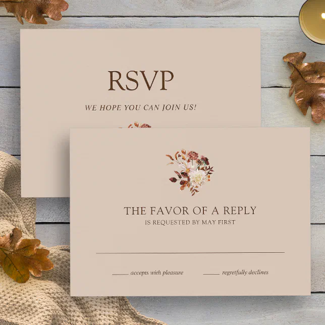 Taupe Fall Terracotta Watercolor Floral Wedding RSVP Card | Zazzle