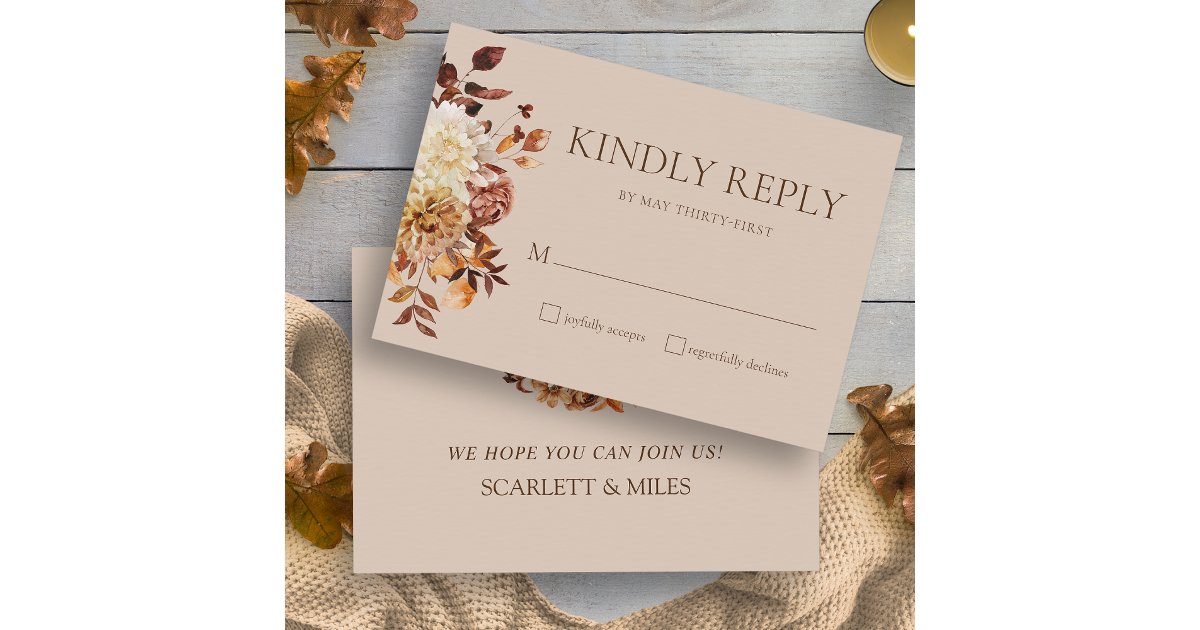 Taupe Fall Terracotta Watercolor Floral Wedding RSVP Card | Zazzle