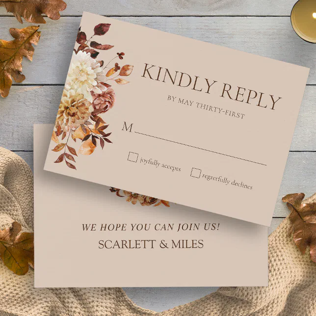 Taupe Fall Terracotta Watercolor Floral Wedding RSVP Card | Zazzle