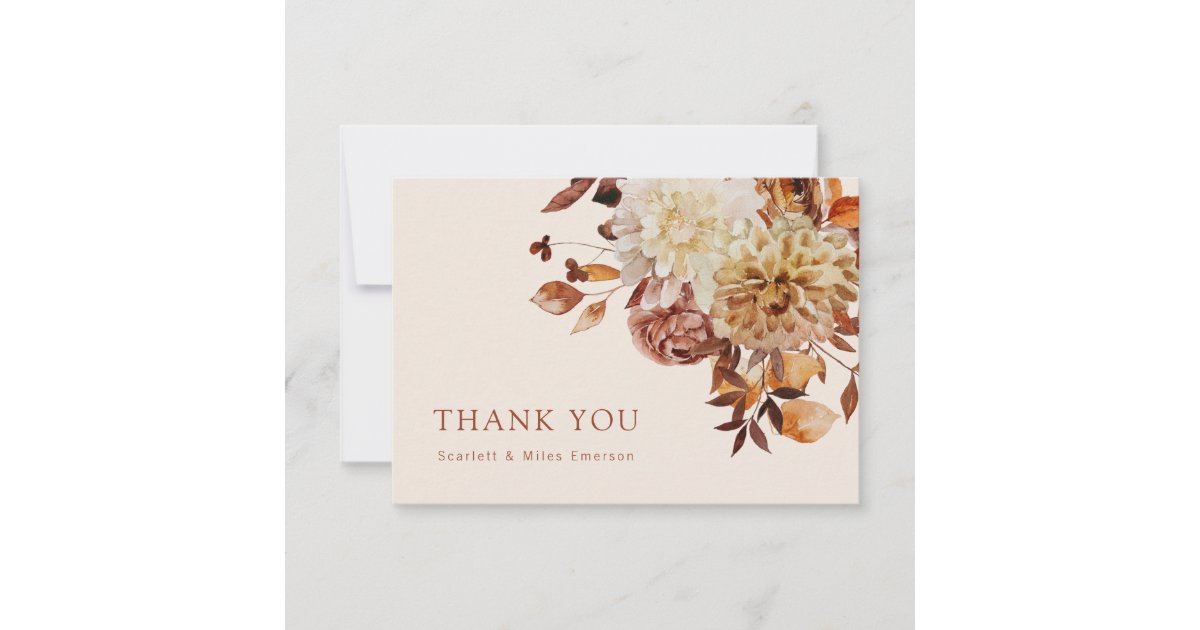 Taupe Fall Terracotta Watercolor Floral Wedding Thank You Card | Zazzle