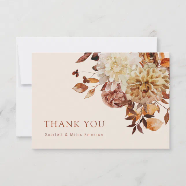 Taupe Fall Terracotta Watercolor Floral Wedding Thank You Card | Zazzle