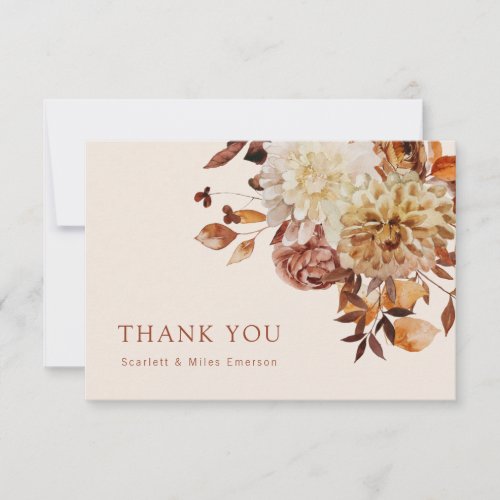 Taupe Fall Terracotta Watercolor Floral Wedding Thank You Card
