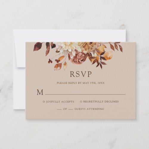Taupe Fall Watercolor Copper Floral Wedding RSVP