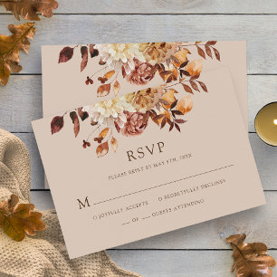 Taupe Fall Watercolor Copper Floral Wedding RSVP Card