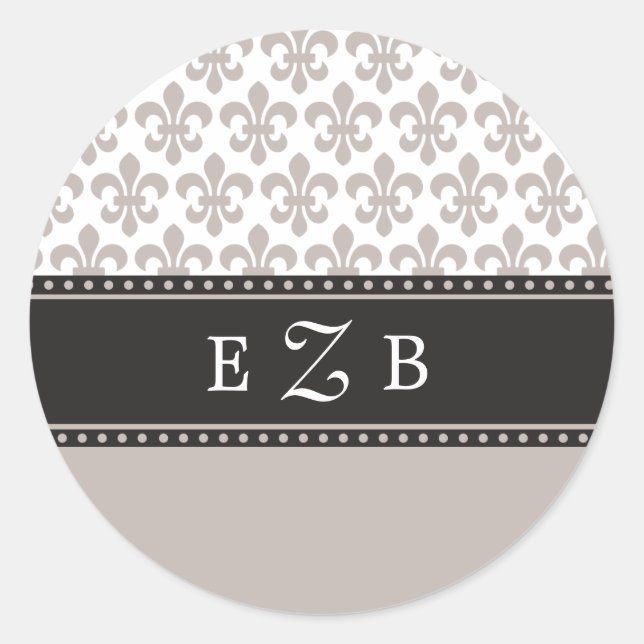 Taupe Fleur de lis Wedding Monogram Sticker. Classic Round Sticker (Front)