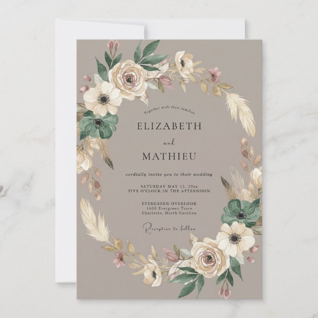 Taupe Floral Bohemian Wedding Invitation (Front)