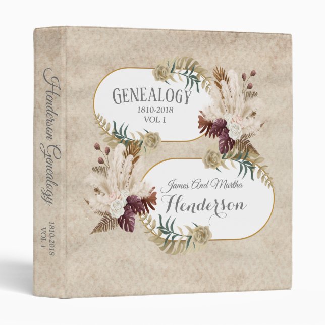 Taupe Floral Botanical Family Tree Genealogy Album 3 Ring Binder (Front/Spine)