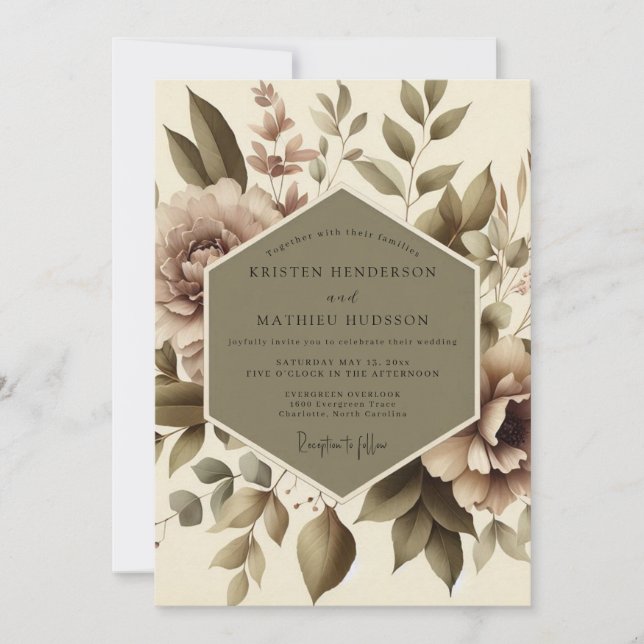 Taupe Floral Botanical Wedding Invitation (Front)