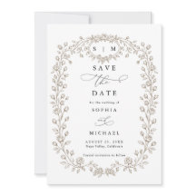 Taupe Floral Line Art Save The Date Invitation