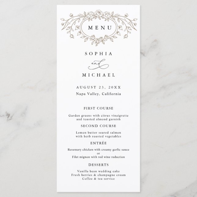 Taupe Floral Line Art Wedding Flat Menu (Front)