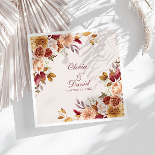 Taupe Floral Wedding Napkin Custom Names Elegant