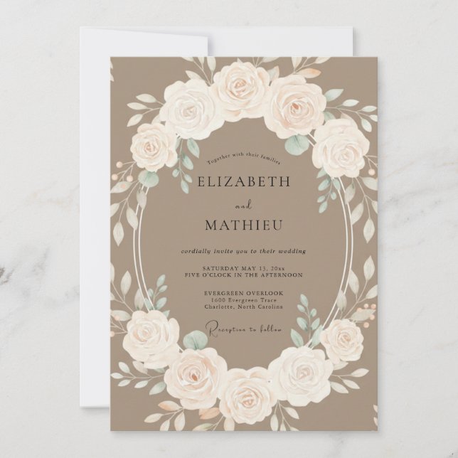 Taupe Floral Wreath Romance Wedding Invitation (Front)