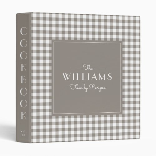 Taupe Gingham Farmhouse Family Recipe Cookbook 3 Ring Binder