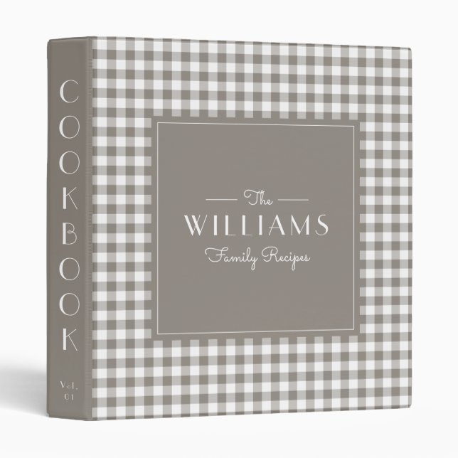 Taupe Gingham Farmhouse Family Recipe Cookbook 3 Ring Binder (Front/Spine)