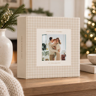 Taupe Gingham Plaid Custom Photo Holiday Memories 3 Ring Binder