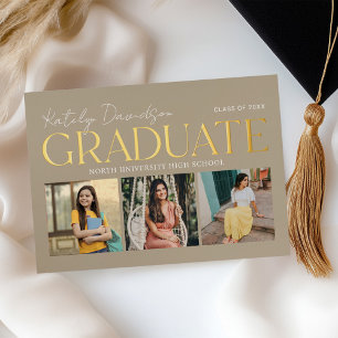 Taupe Gold Graduate Photo Collage Grad Party Foil Invitation