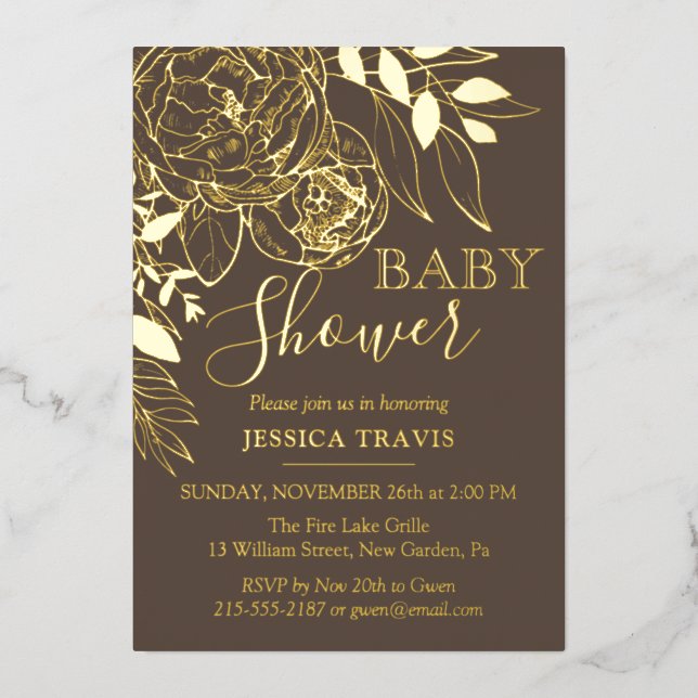 Taupe & Gold Modern Floral Baby Shower Foil Invitation (Front)