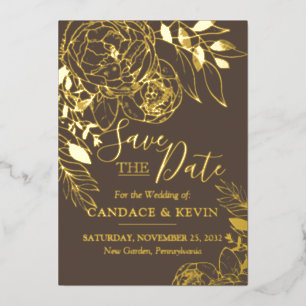 Taupe & Gold Modern Floral Peony Save the Date Foil Invitation