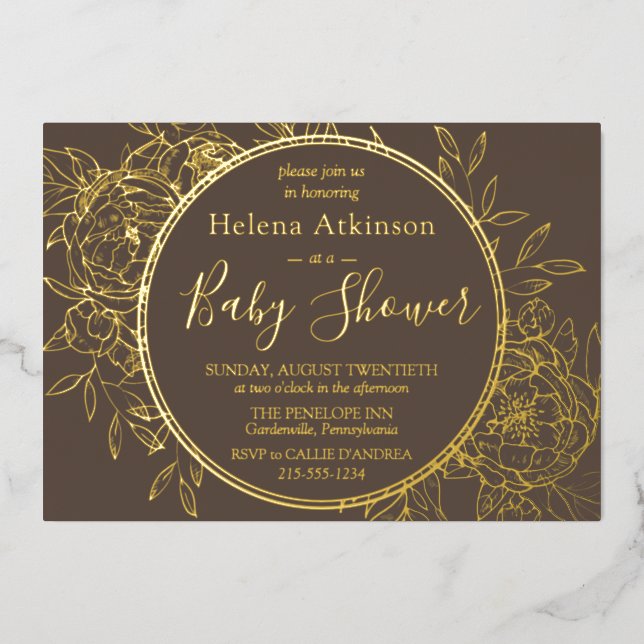 Taupe & Gold Modern Peony Toile Baby Shower Foil Invitation (Front)