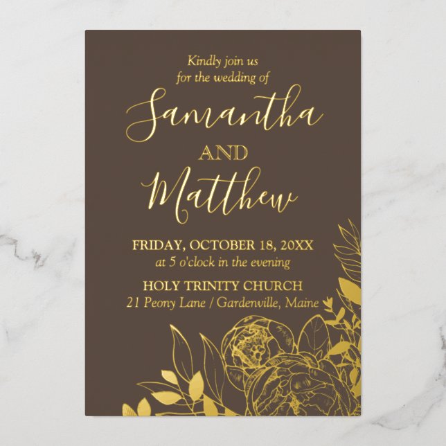 Taupe & Gold Peony Modern Floral Wedding Foil Invitation (Front)