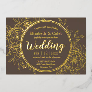 Taupe & Gold Peony Modern Toile Wedding Foil Invitation