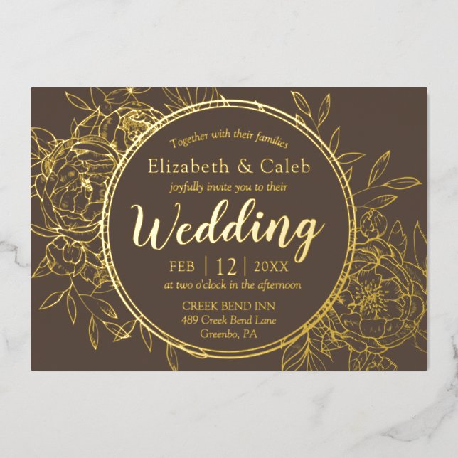 Taupe & Gold Peony Modern Toile Wedding Foil Invitation (Front)