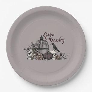 Taupe Gothic Skulls Give Thanks Dinner Party Paper Plates