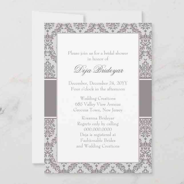Taupe Gray Damask Bridal Shower Invitation (Front)