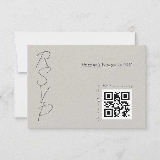 Taupe Gray Elegant Wedding QR code  RSVP Card (Front)