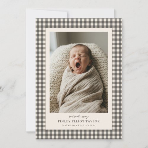 Taupe Gray Gingham Introducing Baby Photo Birth Announcement