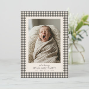Taupe Gray Gingham Introducing Baby Photo Birth Announcement