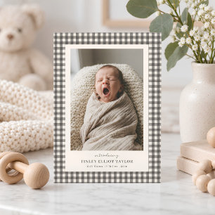 Taupe Gray Gingham Introducing Baby Photo Birth Announcement