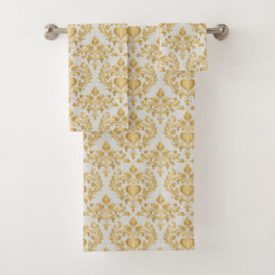 Taupe/Gray & Gold Look Damask Bathroom Towel Set