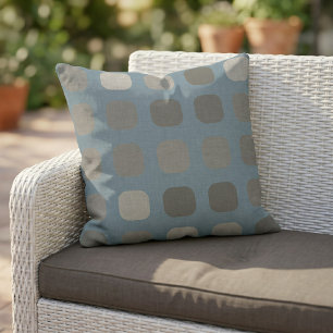 Taupe Gray Round Squares Pattern On Slate Blue Outdoor Pillow