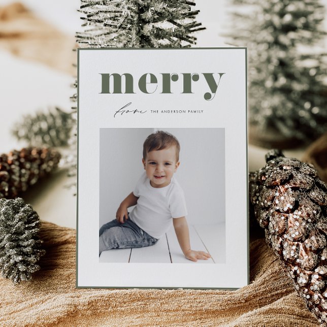 Taupe Green Bold Merry Typography Photo Christmas Holiday Card (Celebrate the holidays with this photo card featuring bold taupe green "merry" retro lettering.)