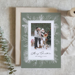 Taupe Green Botanical Frame Photo Christmas Holiday Card