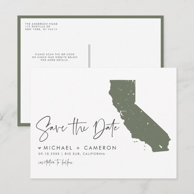 Taupe Green California Map QR Code Save the Date Announcement Postcard (Front/Back)
