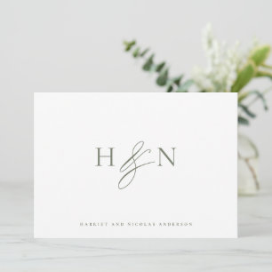 Taupe Green Elegant Monogram Wedding Thank You Card
