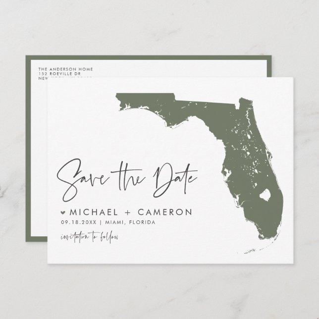 Taupe Green Florida Map QR Code Save the Date Announcement Postcard (Front/Back)