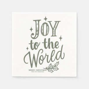 Taupe Green Joy to the World Lettering Christmas Napkins