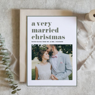 Taupe Green Married Christmas Modern Photo Wedding Holiday Card