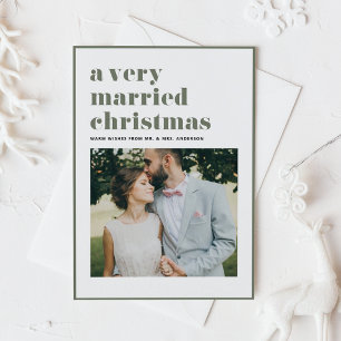 Taupe Green Married Christmas Modern Photo Wedding Holiday Card
