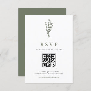 Taupe Green Minimailist Bouquet QR Code Wedding RSVP Card